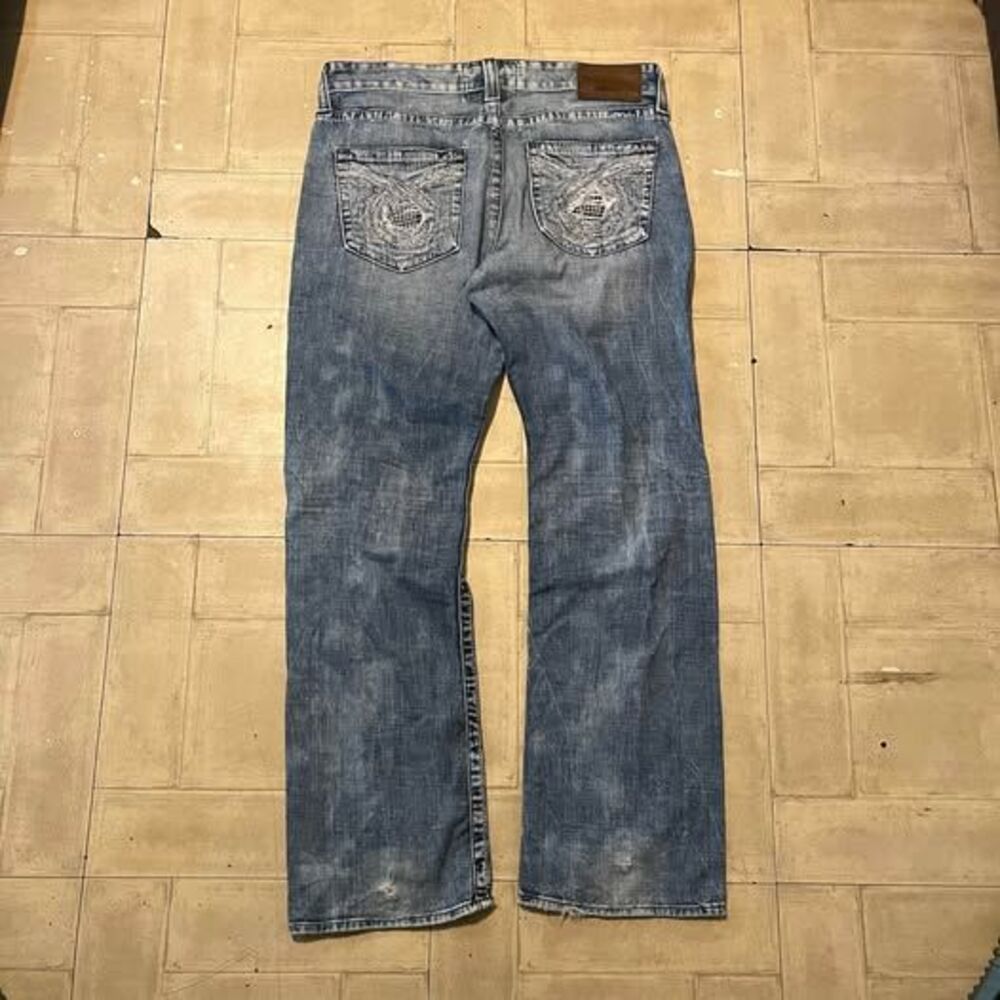 Men’s y2k baggy bootcut jeans with back pocket embroidered design size 38x32